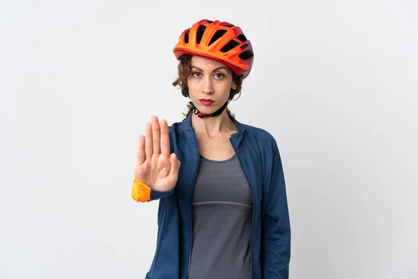 Junge Radfahrerin Auf Weißem Hintergrund Isoliert Und Macht Stoppgeste — Stockfoto