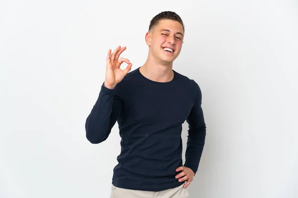 Mladý Kavkazský Muž Izolované Bílém Pozadí Ukazující Znamení Prsty — Stock fotografie