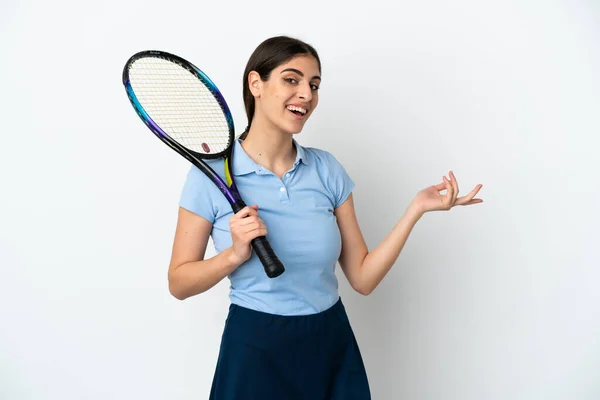 Handsome Young Tennis Player Caucasian Woman Isolated White Background Extending — Stock Photo, Image