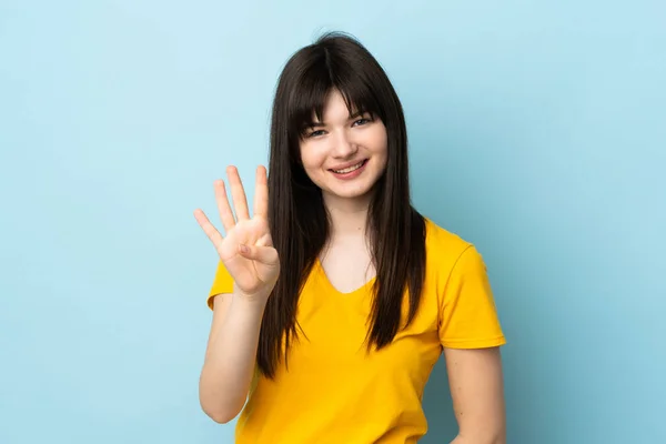 Adolescente Ucraniana Chica Aislada Sobre Fondo Azul Feliz Contando Cuatro — Foto de Stock