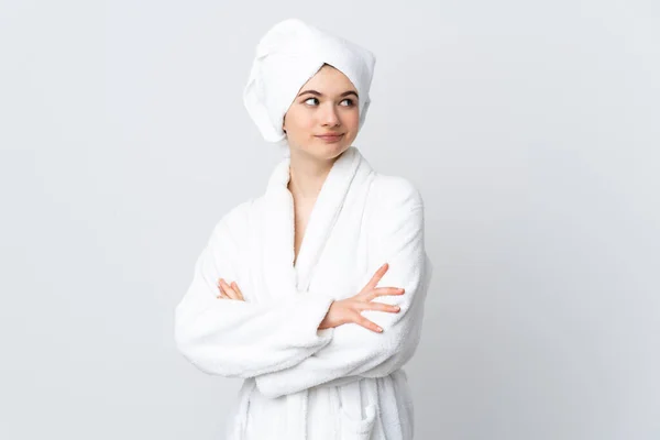 Teenager Girl Bathrobe Isolated White Background Making Doubts Gesture While — Stock Photo, Image