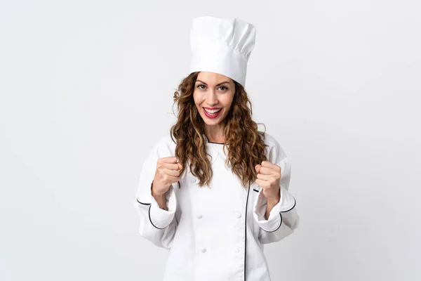 Joven Chef Aislada Sobre Fondo Blanco Celebrando Una Victoria Posición —  Fotos de Stock