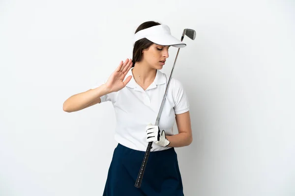 Belle Jeune Golfeuse Femme Isolée Sur Fond Blanc Faisant Geste — Photo