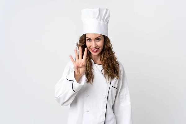 Joven Chef Mujer Aislada Sobre Fondo Blanco Feliz Contando Cuatro —  Fotos de Stock