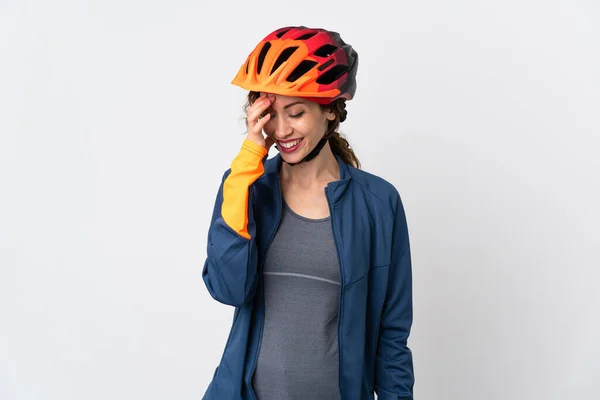 Junge Radfahrerin Auf Weißem Hintergrund Isoliert Lachend — Stockfoto