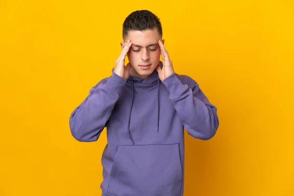 Young Caucasian Man Isolated Yellow Background Headache — Stock Photo, Image