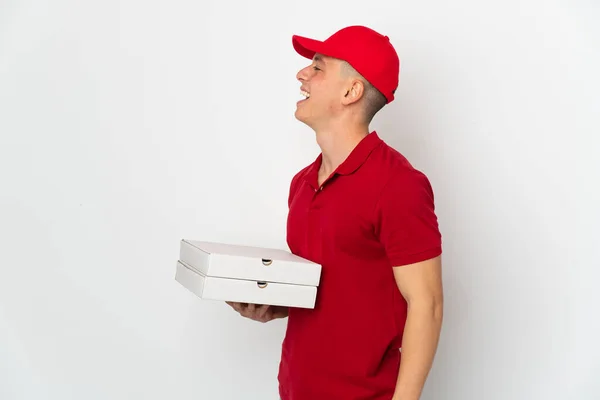 Pizzabote Arbeitsuniform Nimmt Pizzakartons Isoliert Auf Weißem Hintergrund Entgegen Und — Stockfoto