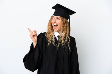 Young university graduate isolated on white background intending to realizes the solution while lifting a finger up clipart