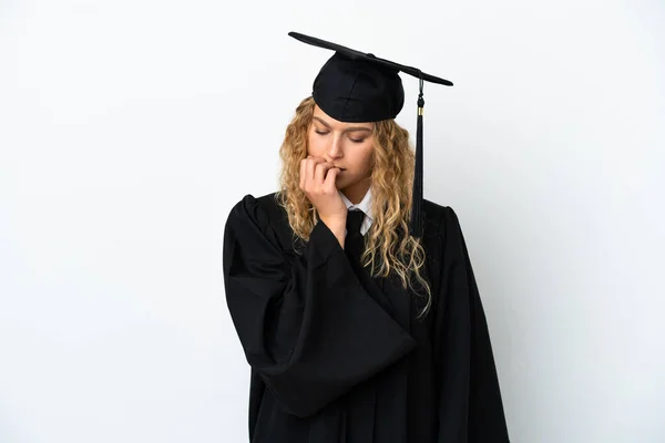 Ung Universitetsexamen Isolerad Vit Bakgrund Med Tvivel — Stockfoto