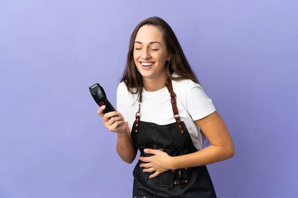 Giovane Parrucchiere Donna Sfondo Isolato Sorridente Molto — Foto Stock