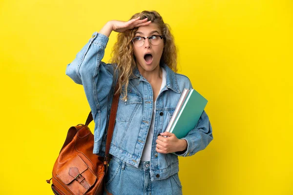 Young Student Caucasian Woman Isolated Yellow Background Doing Surprise Gesture — Stock Photo, Image