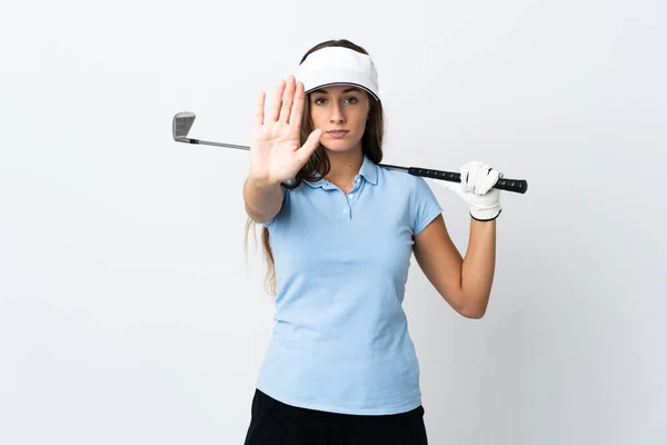 Joven Golfista Mujer Sobre Aislado Blanco Fondo Haciendo Stop Gesture —  Fotos de Stock