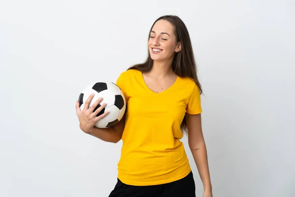 Jovem Jogador Futebol Mulher Sobre Isolado Fundo Branco Olhando Para — Fotografia de Stock