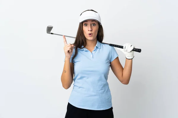 Jonge Golfer Vrouw Geïsoleerde Witte Achtergrond Van Plan Oplossing Realiseren — Stockfoto