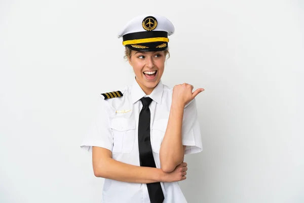 Flugzeug Blonde Pilotin Isoliert Auf Weißem Hintergrund Zeigt Auf Die — Stockfoto