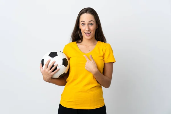 Young Football Player Woman Isolated White Background Surprise Facial Expression — Stock Photo, Image