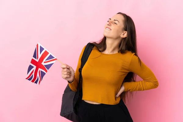 Молода Жінка Тримає Прапор Великої Британії Страждає Від Болю Спині — стокове фото