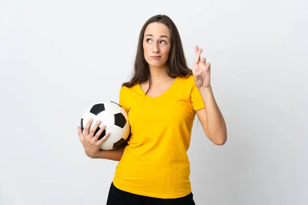 Jeune Footballeuse Femme Sur Fond Blanc Isolé Avec Les Doigts — Photo