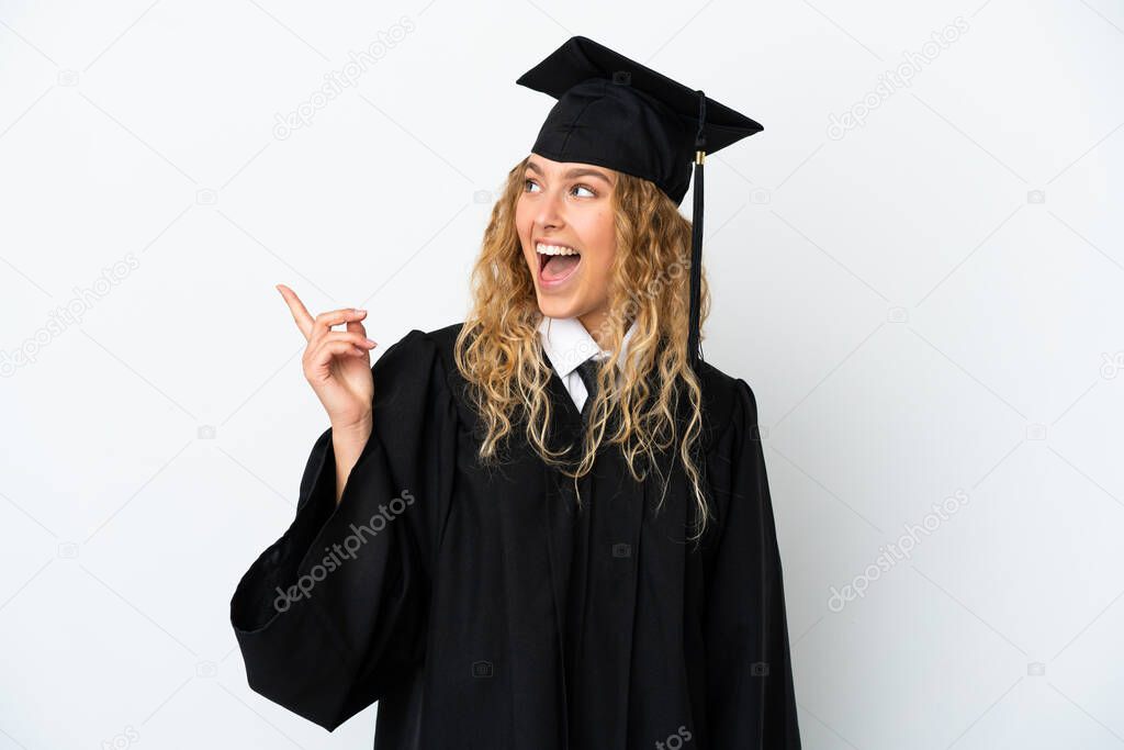 Young university graduate isolated on white background intending to realizes the solution while lifting a finger up