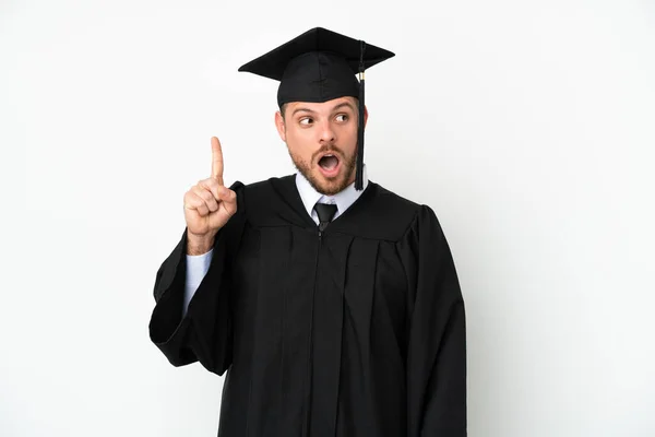 Jovem Universidade Brasileira Graduado Isolado Fundo Branco Pensando Uma Ideia — Fotografia de Stock