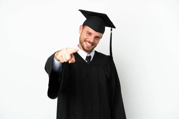 Jonge Universiteit Braziliaanse Afgestudeerde Geïsoleerd Witte Achtergrond Wijzend Front Met — Stockfoto