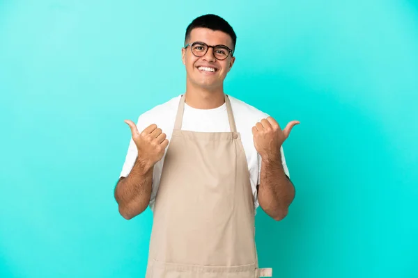 Restaurante Camarero Hombre Sobre Aislado Fondo Azul Con Pulgares Hacia — Foto de Stock