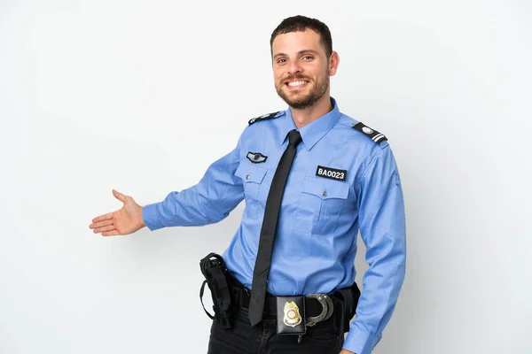 Jeune Homme Brésilien Police Isolé Sur Fond Blanc Étendant Les — Photo