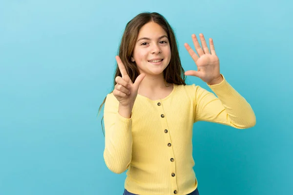 Little Caucasian Girl Isolated Blue Background Counting Seven Fingers — Stock Photo, Image