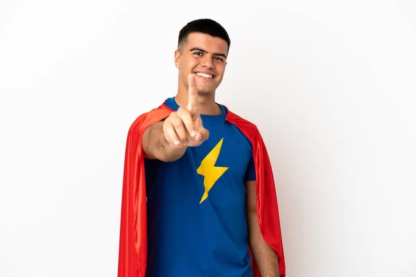 Super Herói Sobre Fundo Branco Isolado Mostrando Levantando Dedo — Fotografia de Stock