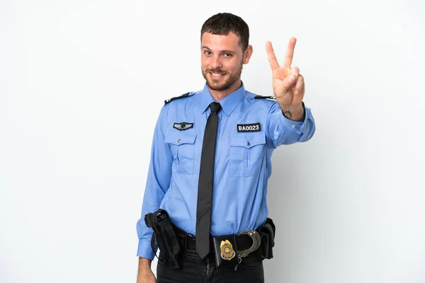 白を背景に孤立した若い警察ブラジル人男性が笑顔で勝利の兆候を示す — ストック写真