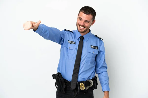 Jonge Politie Braziliaanse Man Geïsoleerd Witte Achtergrond Geven Van Een — Stockfoto