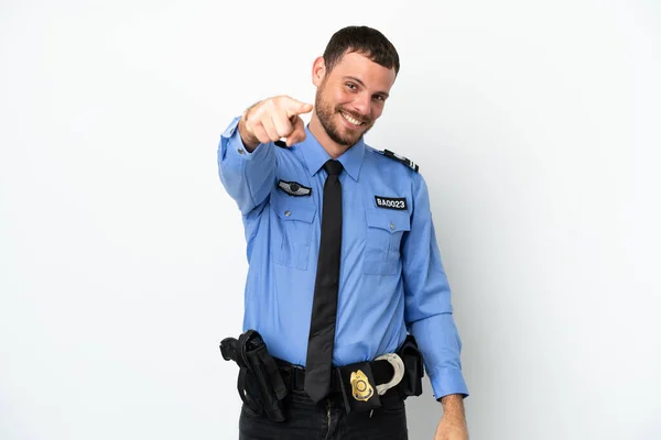 若い警察ブラジル人男性は幸せな表情で前を向いて白い背景に隔離されました — ストック写真