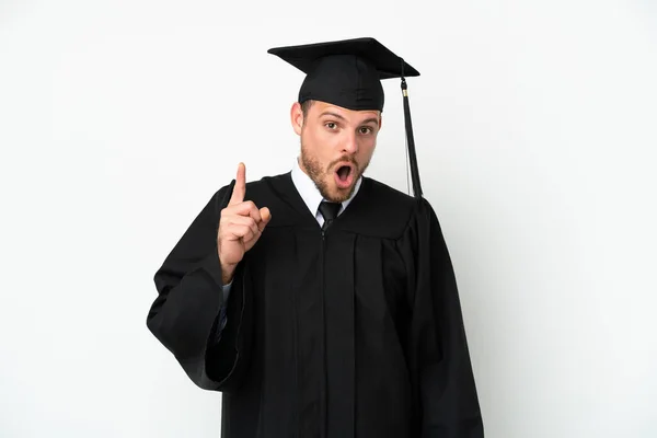 Jovem Universidade Brasileira Graduado Isolado Fundo Branco Com Intenção Realizar — Fotografia de Stock