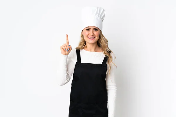 Mladý Brazilský Kuchař Žena Izolované Bílém Pozadí Ukazuje Skvělý Nápad — Stock fotografie