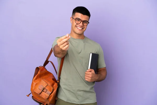 Knappe Student Man Geïsoleerde Achtergrond Geld Verdienen Gebaar — Stockfoto