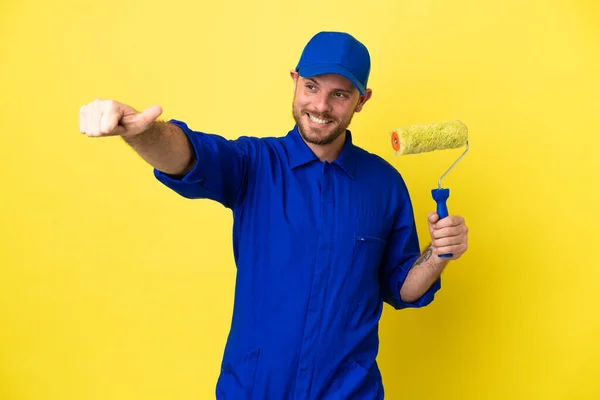 Painter Brazilian Man Isolated Yellow Background Giving Thumbs Gesture — Stock Photo, Image