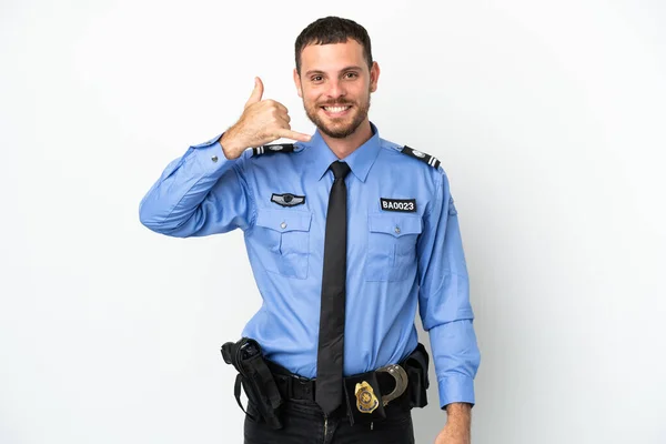 Jonge Braziliaanse Politie Man Geïsoleerd Witte Achtergrond Maken Van Telefoon — Stockfoto