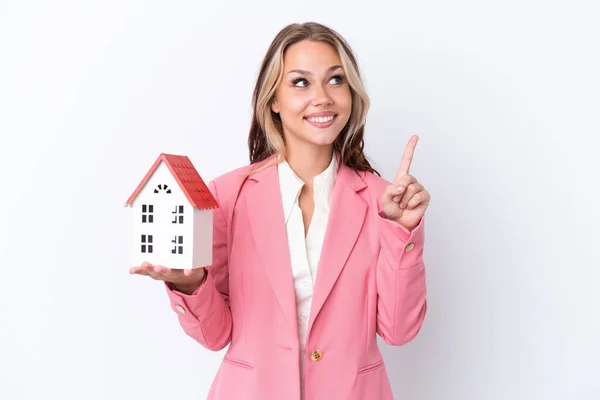 Real Estate Russian Agent Holding Toy House Isolated White Background — Stock Photo, Image
