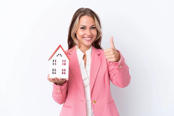 Real Estate Russian Agent Holding Toy House Isolated White Background — Stock Photo, Image