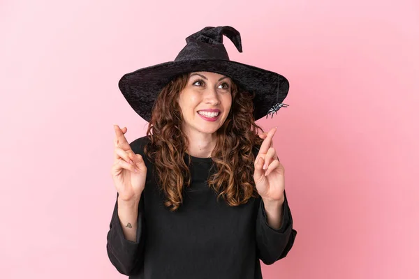 Joven Mujer Caucásica Celebrando Halloween Aislado Sobre Fondo Rosa Con —  Fotos de Stock