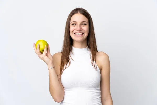 Mujer Joven Caucásica Aislada Sobre Fondo Blanco Con Una Manzana — Foto de Stock