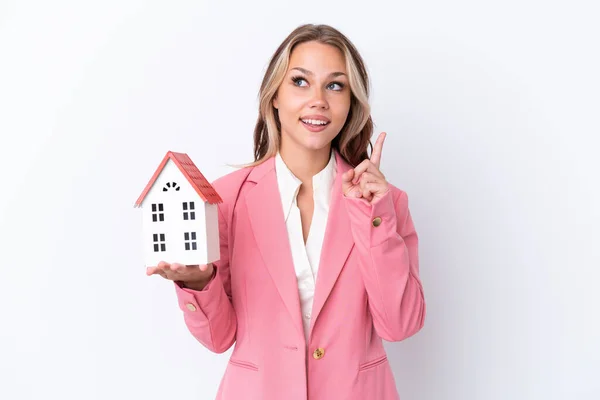 Real Estate Russian Agent Holding Toy House Isolated White Background — Stock Photo, Image