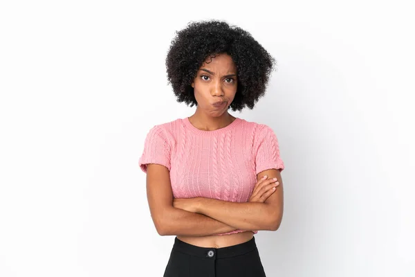 Young African American Woman Isolated White Background Unhappy Expression — Stock Photo, Image