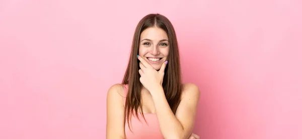 Young Caucasian Woman Isolated Pink Background Happy Smiling — Stock Photo, Image