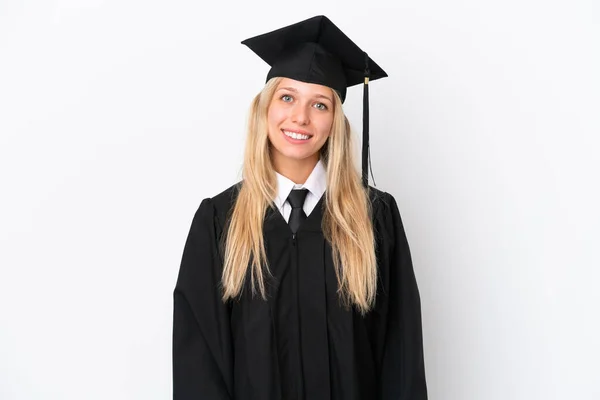 Giovane Laureata Donna Caucasica Isolato Sfondo Bianco Ridere — Foto Stock