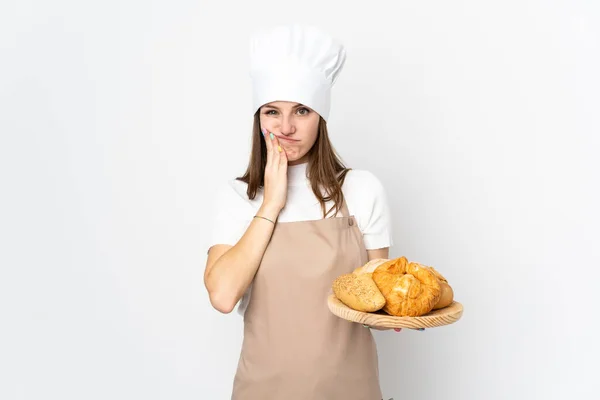Młoda Kobieta Mundurze Szefa Kuchni Odizolowana Białym Tle Nieszczęśliwa Sfrustrowana — Zdjęcie stockowe