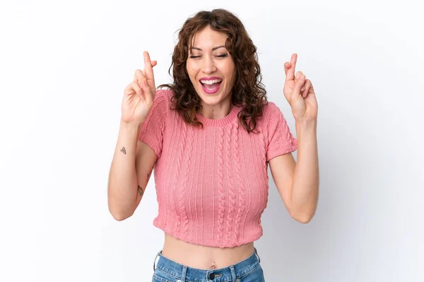 Giovane Donna Con Capelli Ricci Isolato Sfondo Bianco Con Dita — Foto Stock