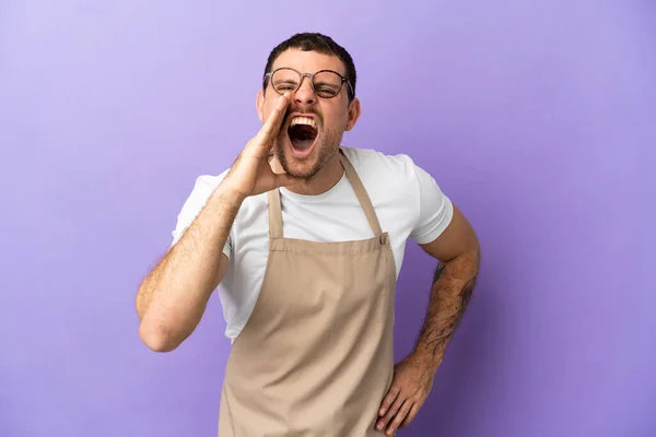 Brazilian Restaurant Waiter Isolated Purple Background Shouting Mouth Wide Open — Stock Photo, Image