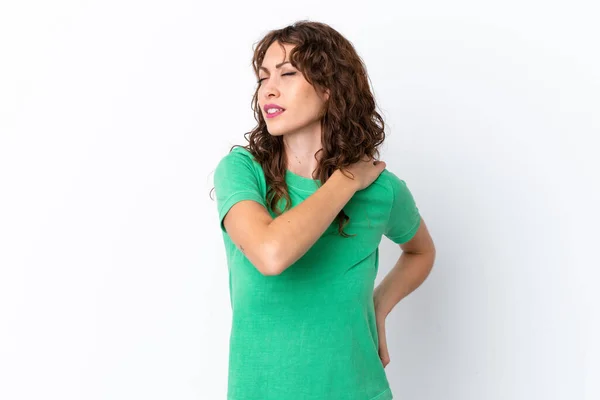 Young Woman Curly Hair Isolated White Background Suffering Pain Shoulder — Stock Photo, Image