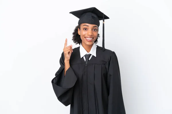 Genç Üniversite Mezunu Afro Amerikalı Bir Kadın Beyaz Arka Planda — Stok fotoğraf